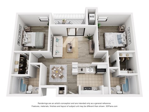 Floor plan for 2 beds, 2 baths, 950 sqft